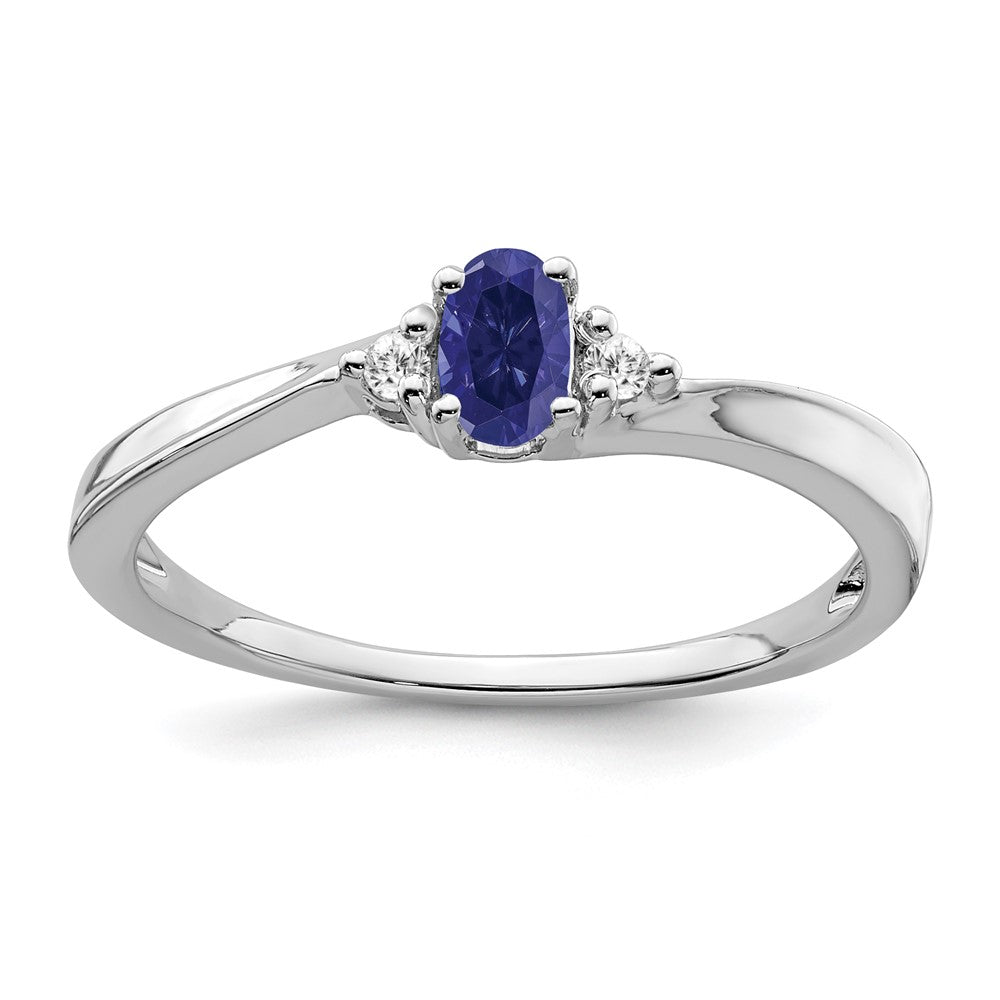 14k White Gold Created Sapphire and Real Diamond Ring