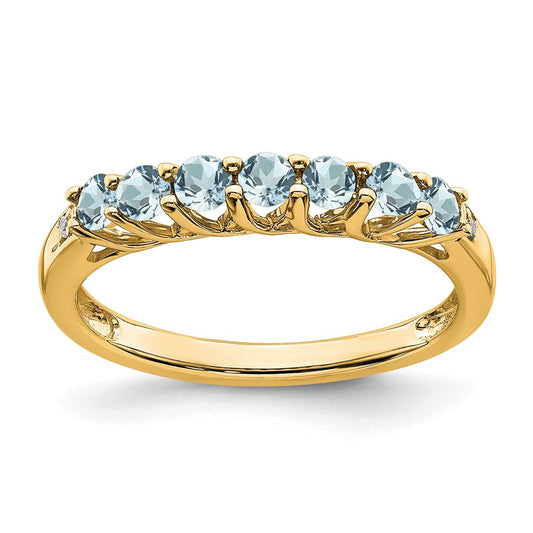Solid 14k Yellow Gold Simulated Aquamarine and CZ 7-stone Ring