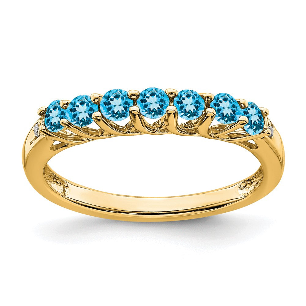 14K Yellow Gold Blue Topaz and Real Diamond 7-stone Ring