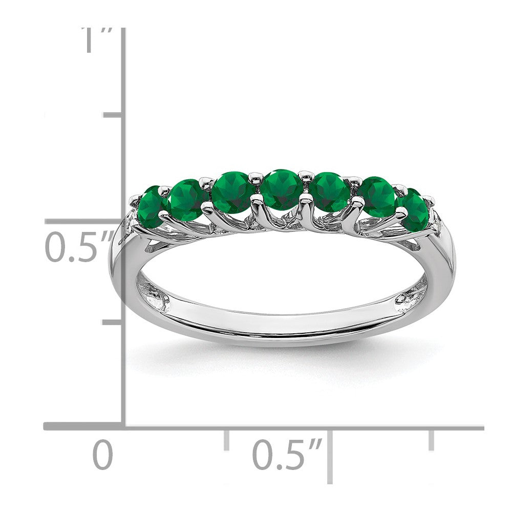 14k White Gold Created Emerald and Real Diamond 7-stone Ring