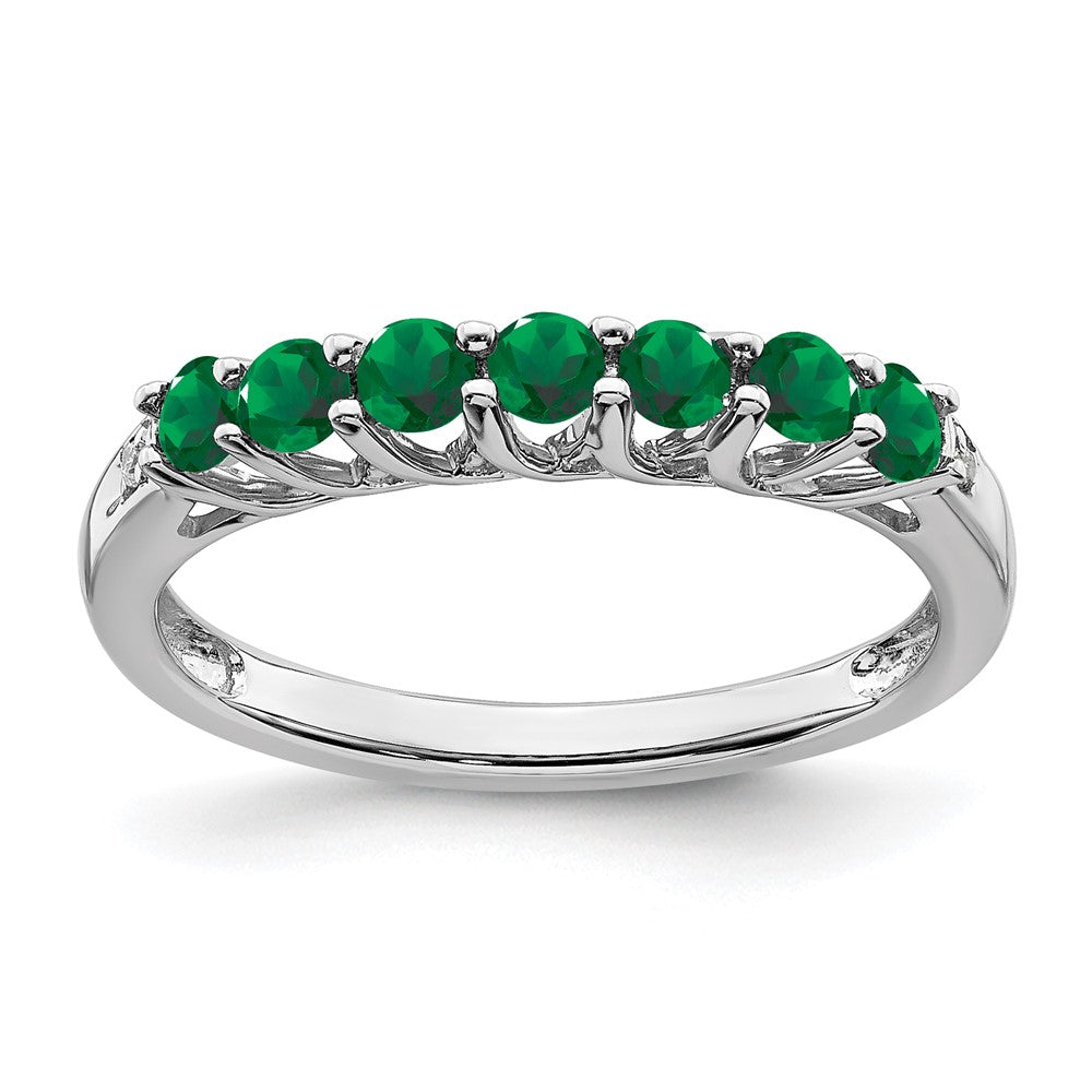 14k White Gold Created Emerald and Real Diamond 7-stone Ring