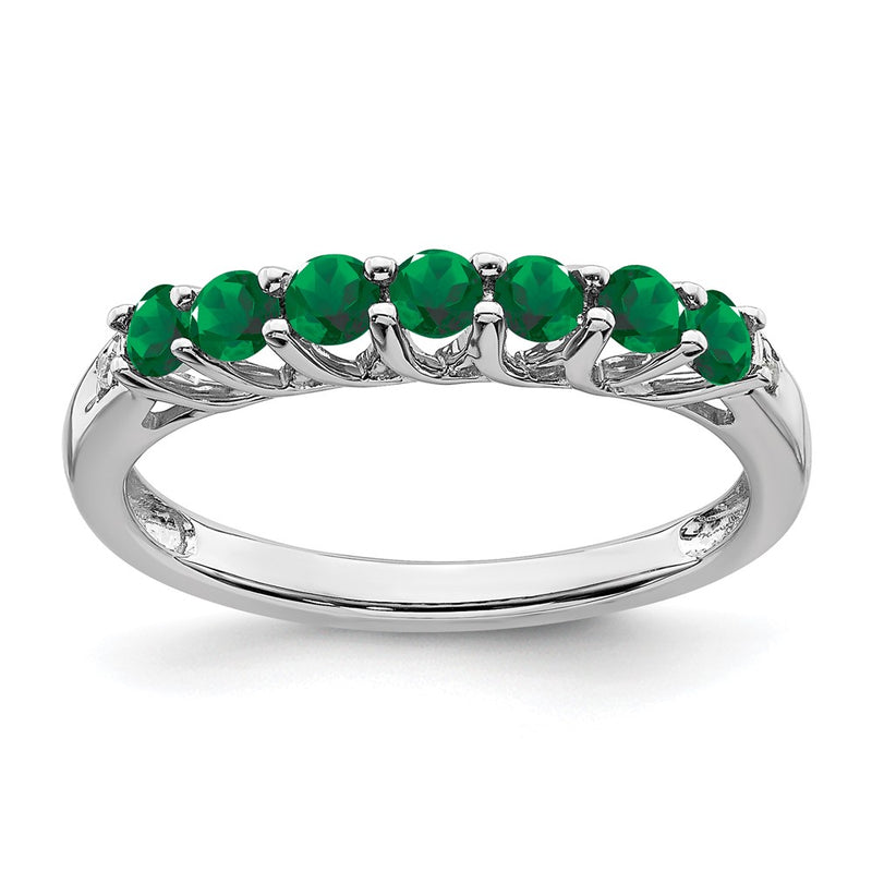 14k White Gold Created Emerald and Real Diamond 7-stone Ring
