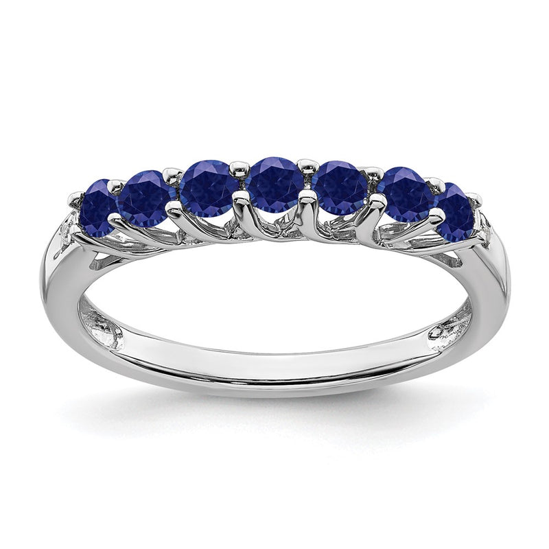 14k White Gold Created Sapphire and Real Diamond 7-stone Ring
