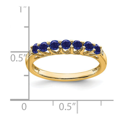 14K Yellow Gold Created Sapphire and Real Diamond 7-stone Ring