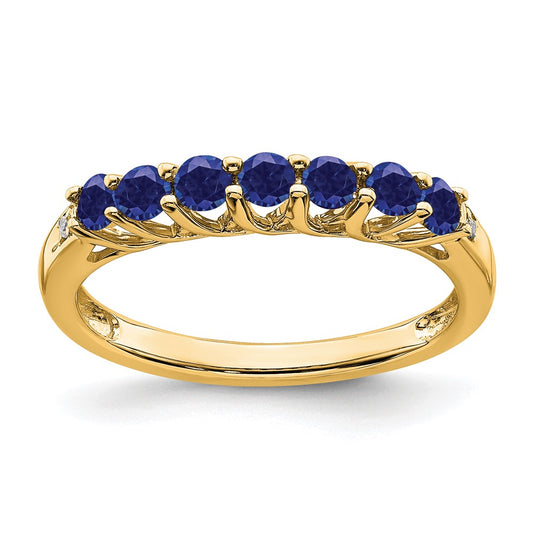 14K Yellow Gold Created Sapphire and Real Diamond 7-stone Ring