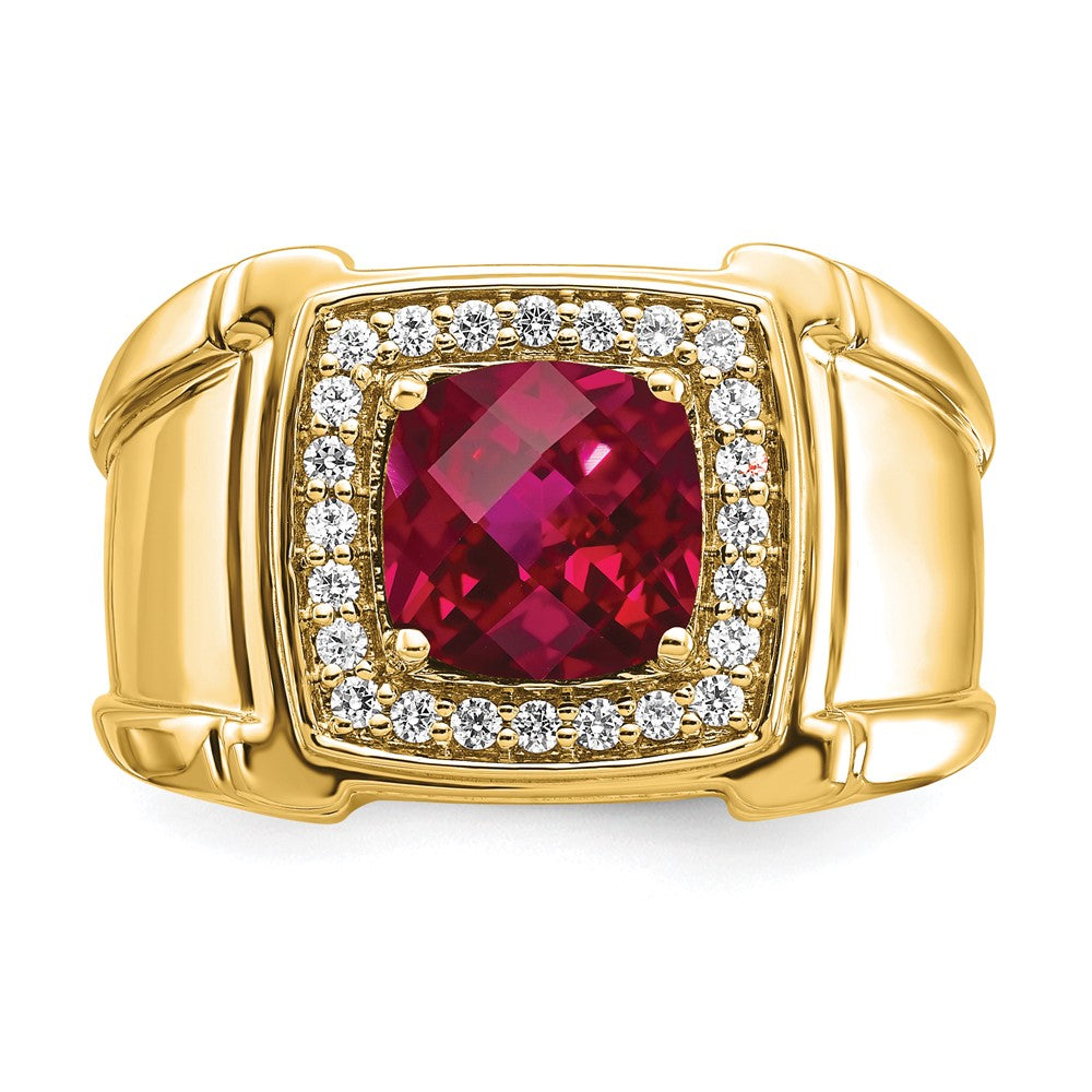 14K Yellow Gold Created Checkerboard Ruby and Real Diamond Mens Ring