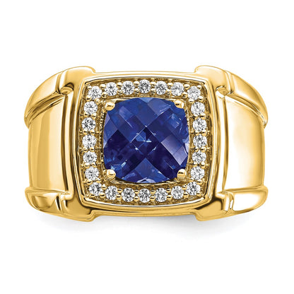 14K Yellow Gold Created Checkerboard Sapphire and Real Diamond Mens Ring
