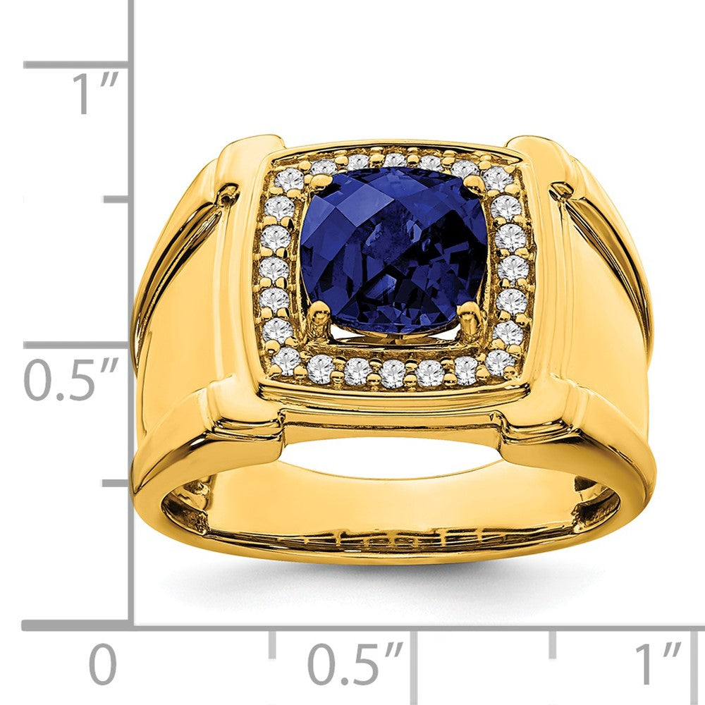 14K Yellow Gold Created Checkerboard Sapphire and Real Diamond Mens Ring