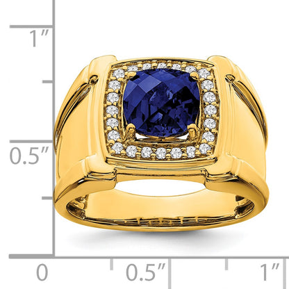 14K Yellow Gold Created Checkerboard Sapphire and Real Diamond Mens Ring