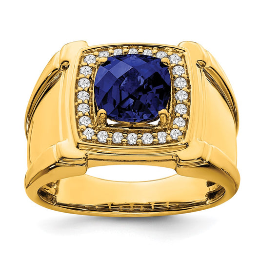 14K Yellow Gold Created Checkerboard Sapphire and Real Diamond Mens Ring