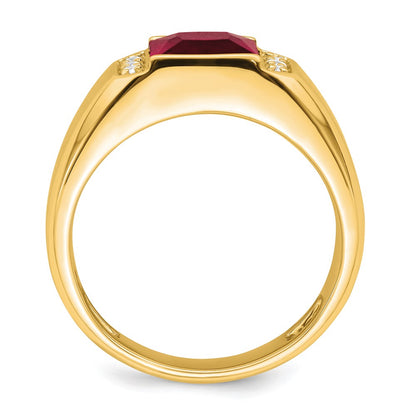 14K Yellow Gold Square Created Ruby and Real Diamond Mens Ring