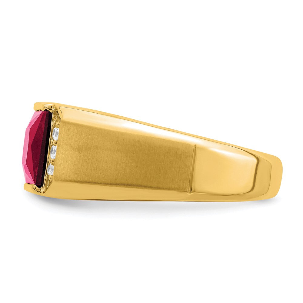 14K Yellow Gold Square Created Ruby and Real Diamond Mens Ring