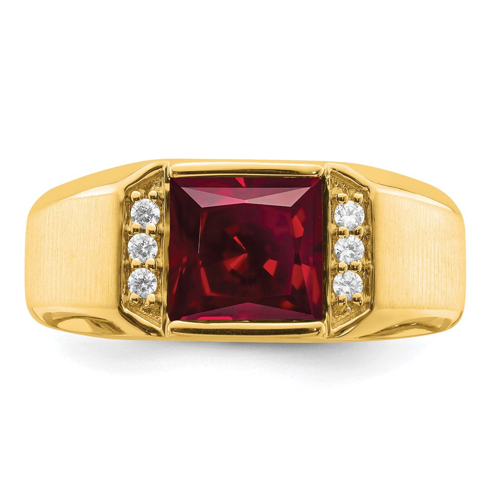 14K Yellow Gold Square Created Ruby and Real Diamond Mens Ring