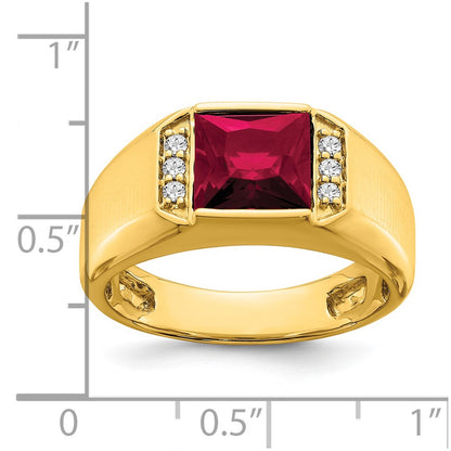 14K Yellow Gold Square Created Ruby and Real Diamond Mens Ring