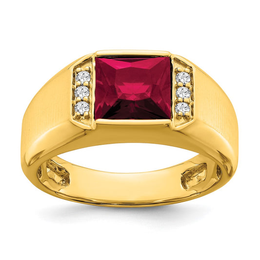 14K Yellow Gold Square Created Ruby and Real Diamond Mens Ring