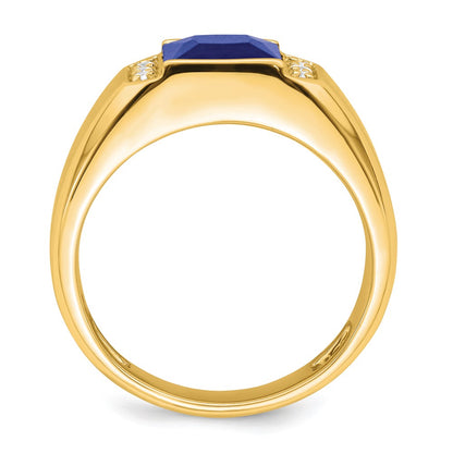 14K Yellow Gold Square Created Sapphire and Real Diamond Mens Ring