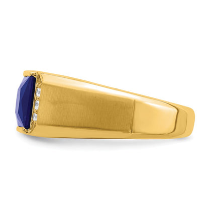 14K Yellow Gold Square Created Sapphire and Real Diamond Mens Ring
