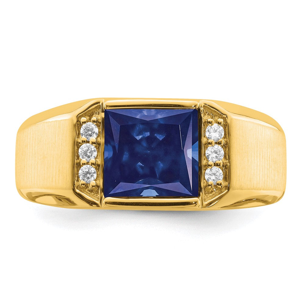 14K Yellow Gold Square Created Sapphire and Real Diamond Mens Ring