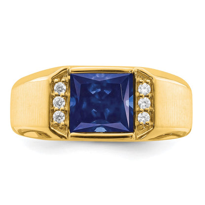 14K Yellow Gold Square Created Sapphire and Real Diamond Mens Ring
