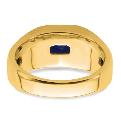 14K Yellow Gold Square Created Sapphire and Real Diamond Mens Ring