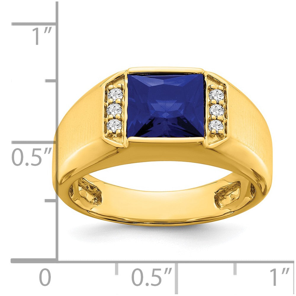 14K Yellow Gold Square Created Sapphire and Real Diamond Mens Ring