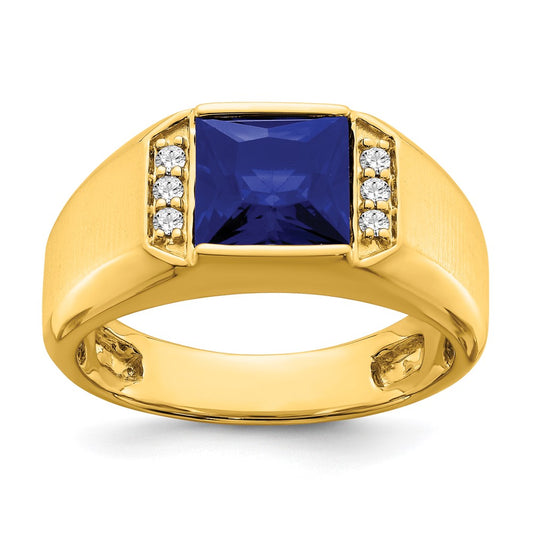 14K Yellow Gold Square Created Sapphire and Real Diamond Mens Ring