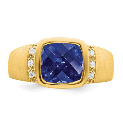 14K Yellow Gold Created Sapphire and Real Diamond Mens Ring