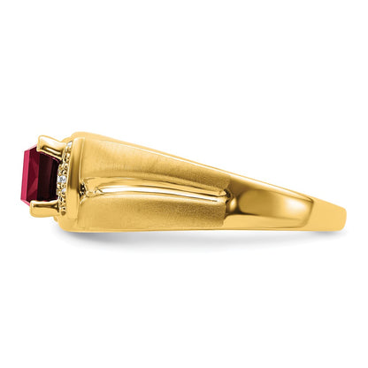 14K Yellow Gold Emerald-cut Created Ruby and Real Diamond Mens Ring