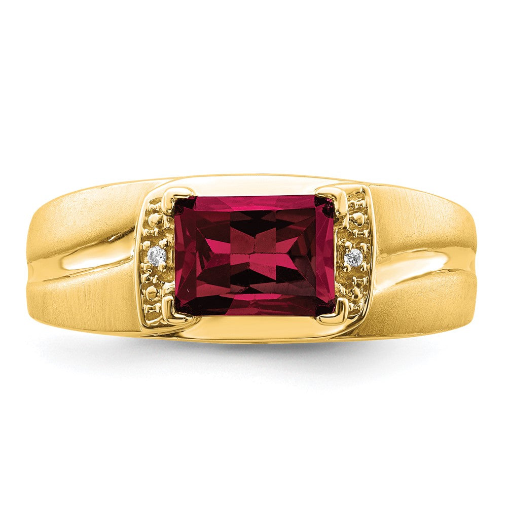 14K Yellow Gold Emerald-cut Created Ruby and Real Diamond Mens Ring