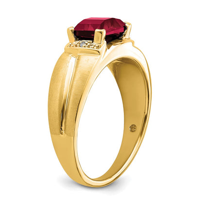 14K Yellow Gold Emerald-cut Created Ruby and Real Diamond Mens Ring
