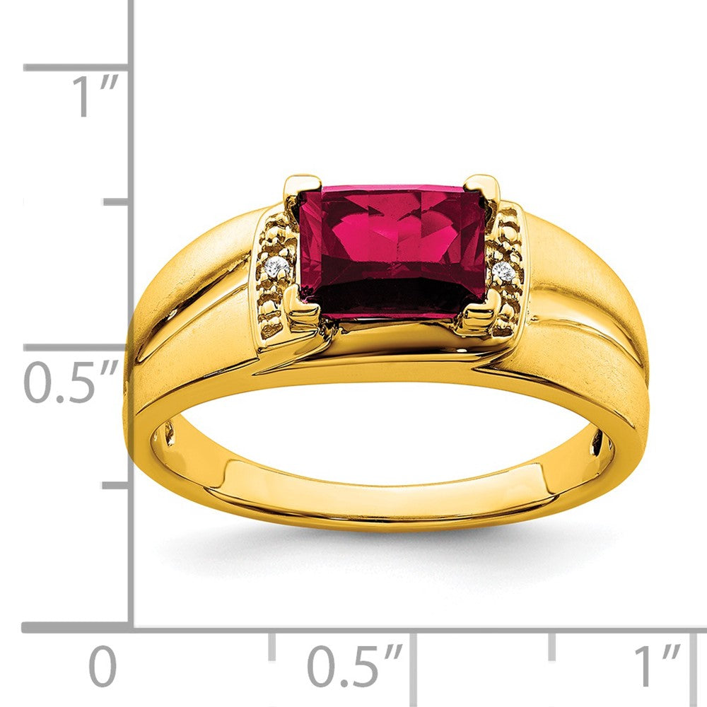 14K Yellow Gold Emerald-cut Created Ruby and Real Diamond Mens Ring