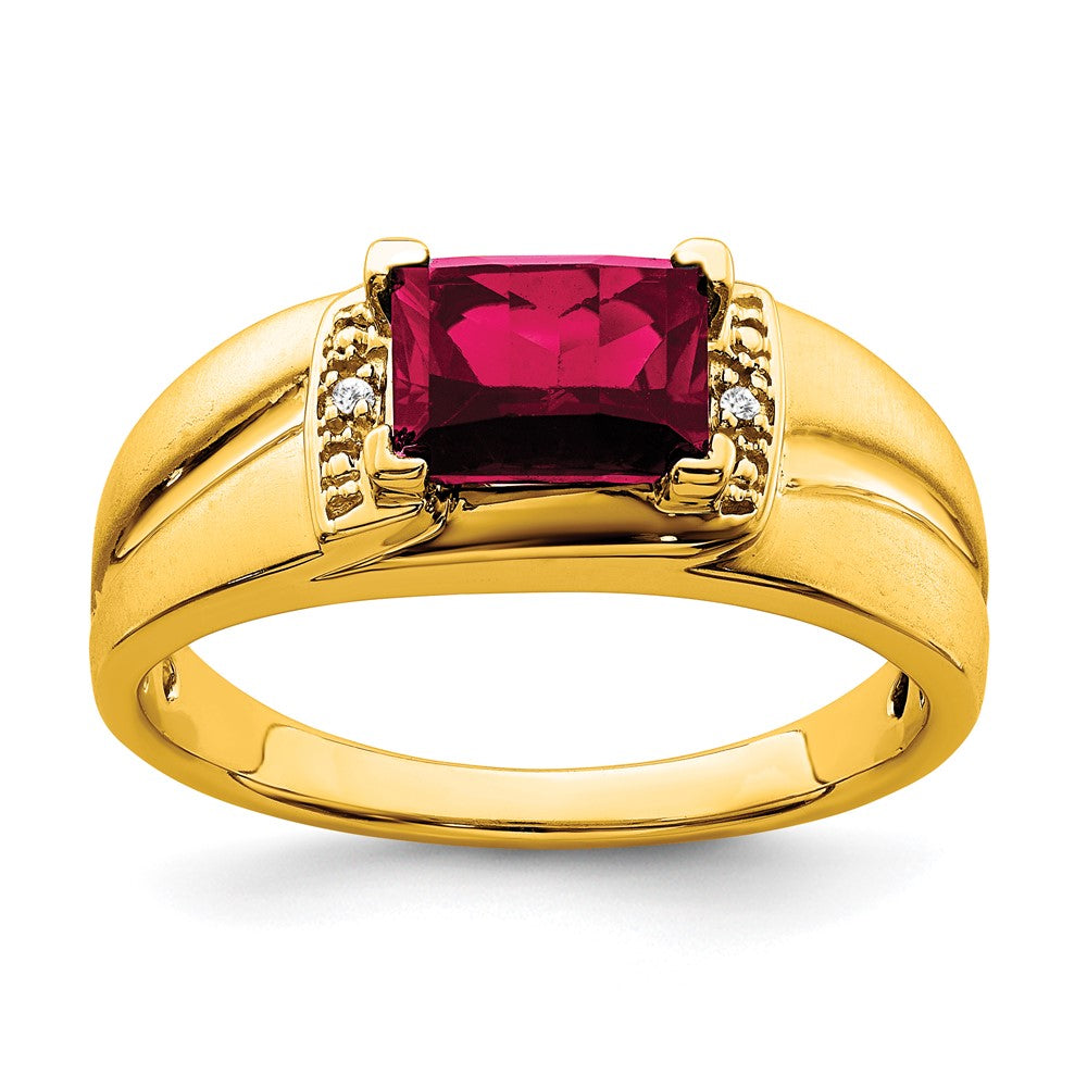 14K Yellow Gold Emerald-cut Created Ruby and Real Diamond Mens Ring