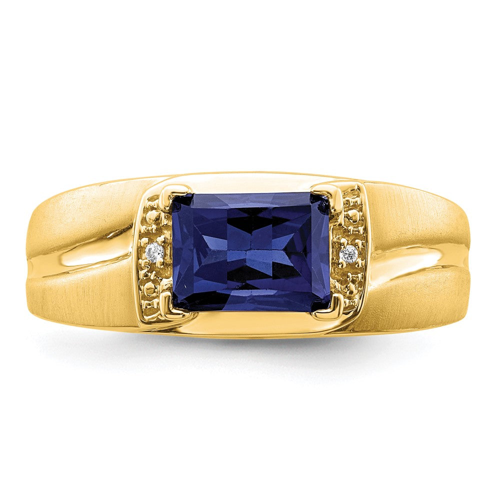 14K Yellow Gold Emerald-cut Created Sapphire and Real Diamond Mens Ring