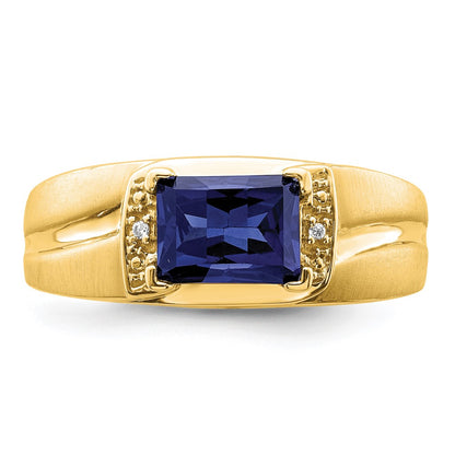 14K Yellow Gold Emerald-cut Created Sapphire and Real Diamond Mens Ring
