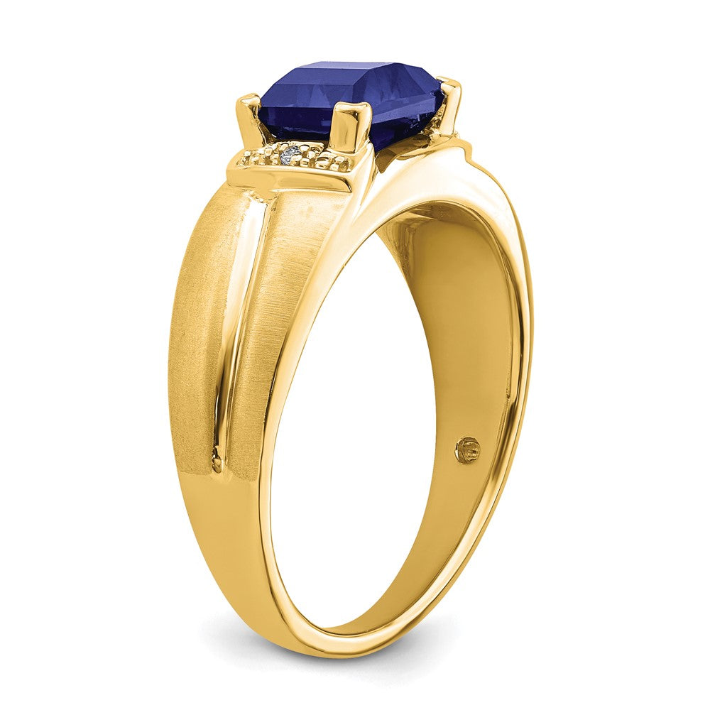 14K Yellow Gold Emerald-cut Created Sapphire and Real Diamond Mens Ring