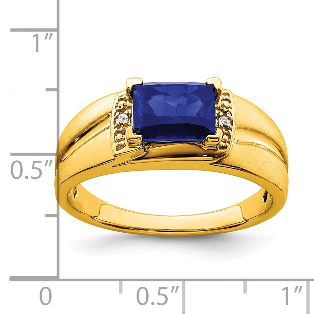14K Yellow Gold Emerald-cut Created Sapphire and Real Diamond Mens Ring