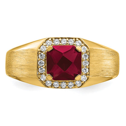 14K Yellow Gold Cushion Created Ruby and Real Diamond Mens Ring