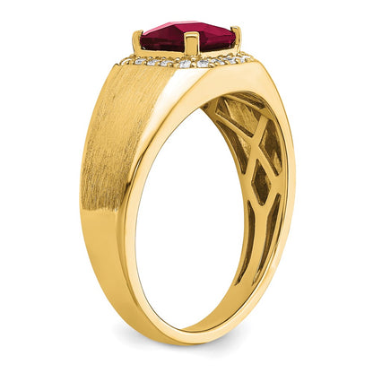14K Yellow Gold Cushion Created Ruby and Real Diamond Mens Ring