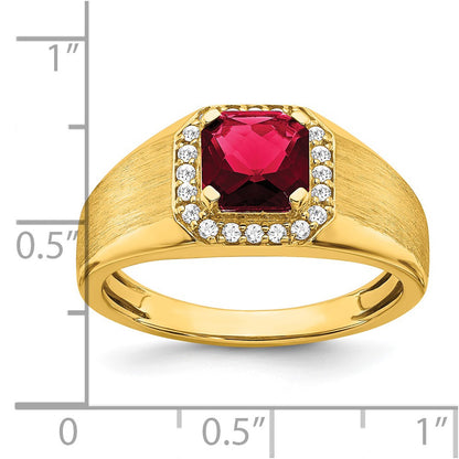 14K Yellow Gold Cushion Created Ruby and Real Diamond Mens Ring