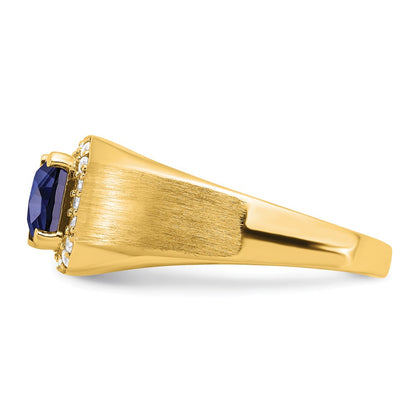 14K Yellow Gold Cushion Created Sapphire and Real Diamond Mens Ring