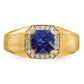 14K Yellow Gold Cushion Created Sapphire and Real Diamond Mens Ring