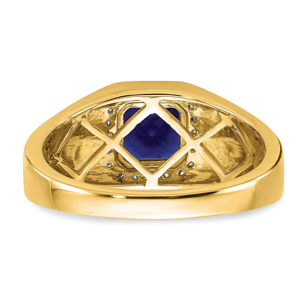 14K Yellow Gold Cushion Created Sapphire and Real Diamond Mens Ring