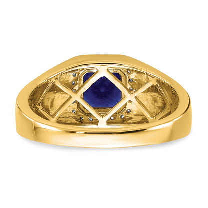 14K Yellow Gold Cushion Created Sapphire and Real Diamond Mens Ring