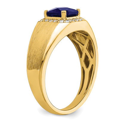 14K Yellow Gold Cushion Created Sapphire and Real Diamond Mens Ring