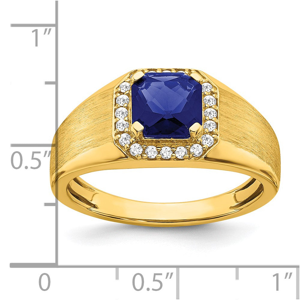 14K Yellow Gold Cushion Created Sapphire and Real Diamond Mens Ring