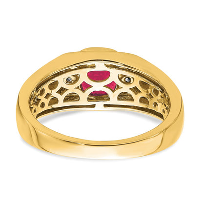 14K Yellow Gold Cushion Created Ruby and Real Diamond Mens Ring
