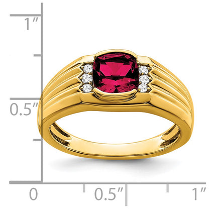 14K Yellow Gold Cushion Created Ruby and Real Diamond Mens Ring