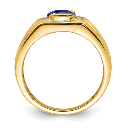 14K Yellow Gold Cushion Created Sapphire and Real Diamond Mens Ring