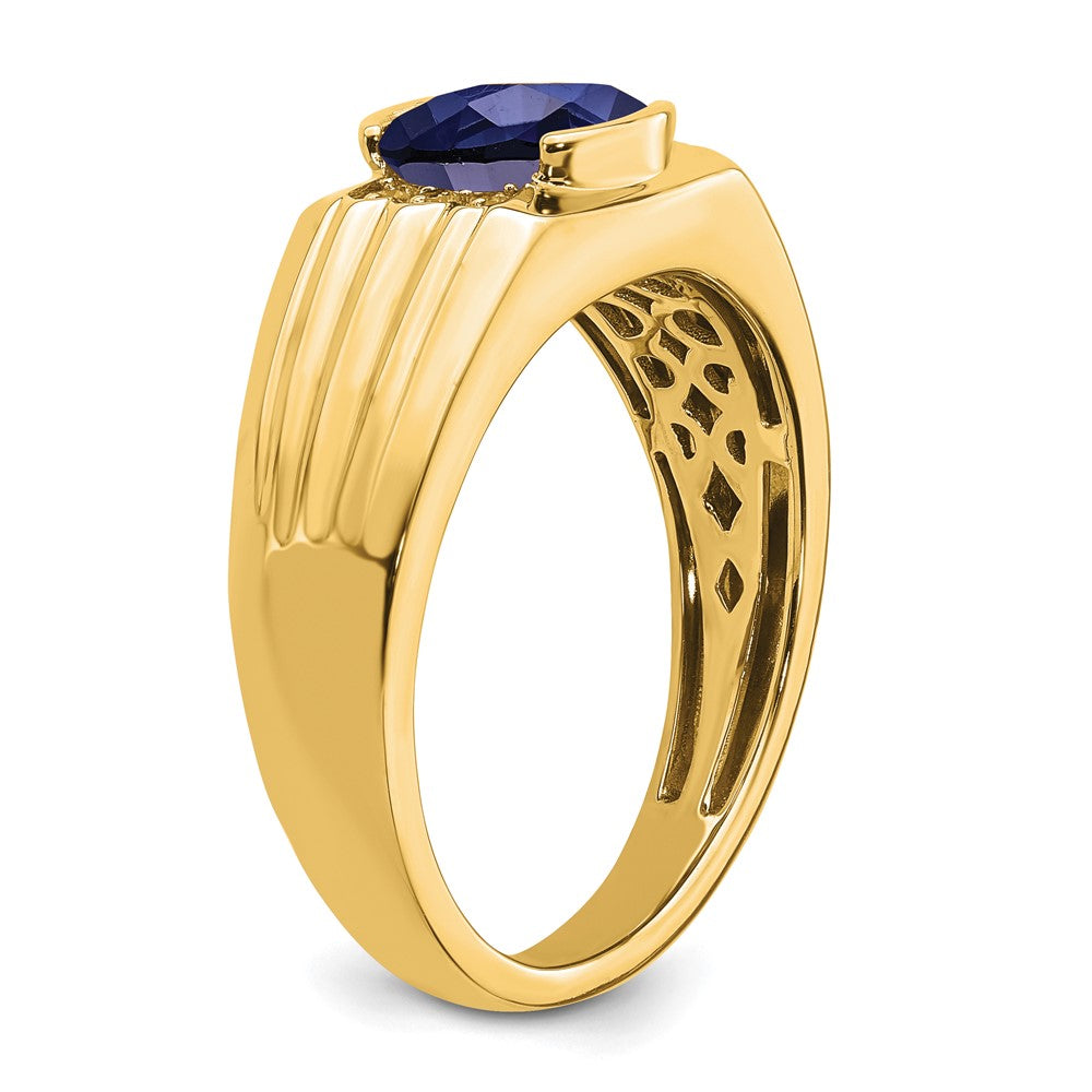 14K Yellow Gold Cushion Created Sapphire and Real Diamond Mens Ring