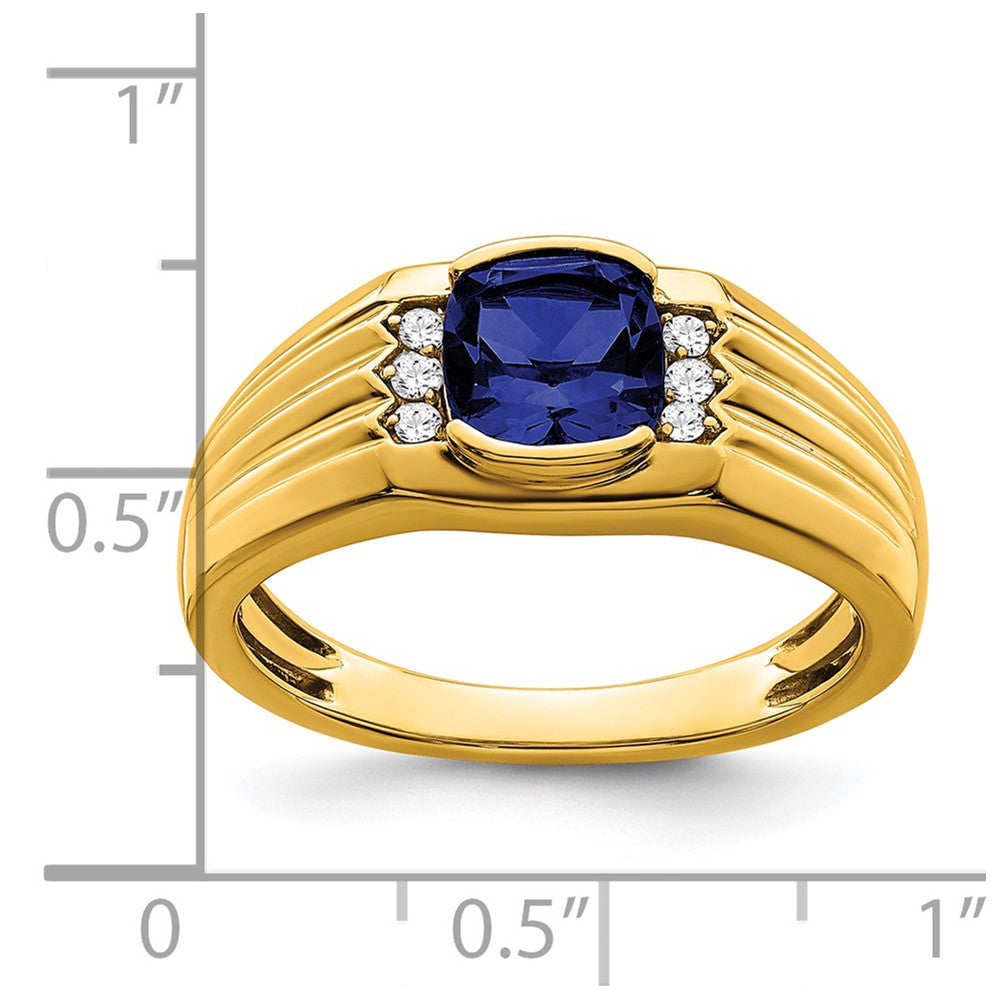 14K Yellow Gold Cushion Created Sapphire and Real Diamond Mens Ring